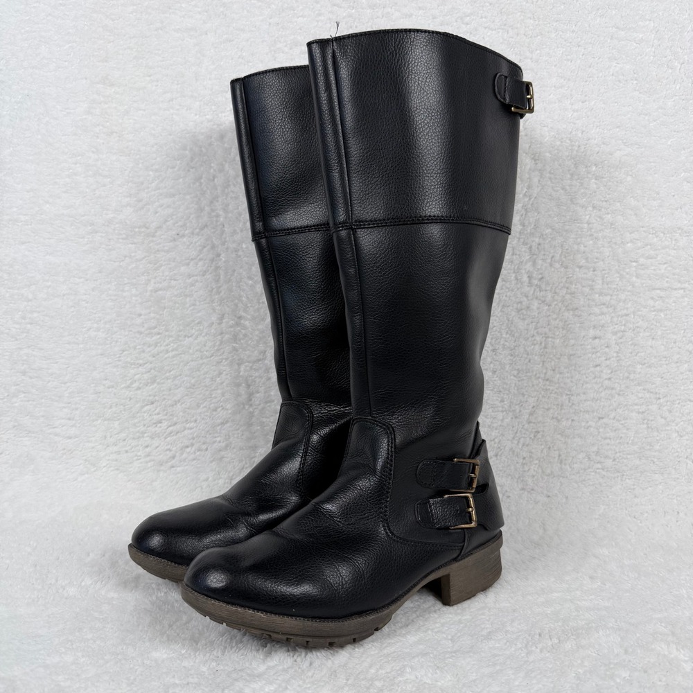 Clarks 'Riddle Phrase' Black Leather Tall Knee High Boots Buckle Zip Side Size 9